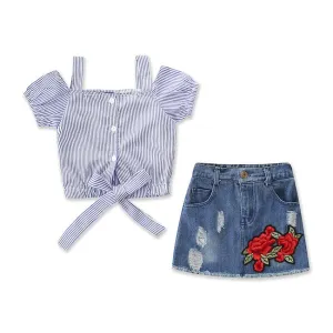 2 Pcs Girl Spaghetti Strap Stripe Print Tops And Rose Embroidered Denim Skirt