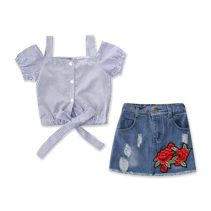 2 Pcs Girl Spaghetti Strap Stripe Print Tops And Rose Embroidered Denim Skirt