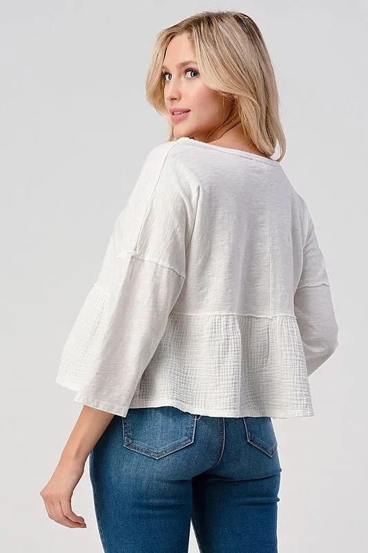 3/4 Sleeve Gauze Peplum Top