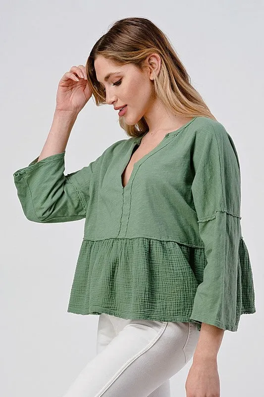 3/4 Sleeve Gauze Peplum Top