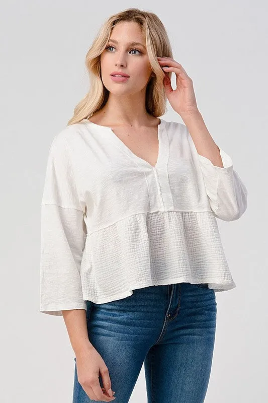 3/4 Sleeve Gauze Peplum Top