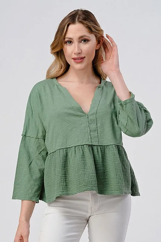 3/4 Sleeve Gauze Peplum Top