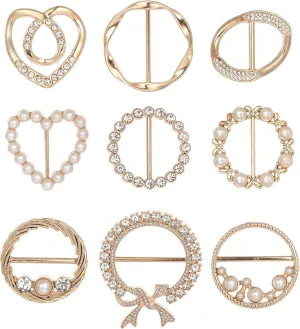 9Pcs Scarf Clips T-shirt Tie Ring Buckle Heart Circle Shaped CZ Pearl Bow Tie Rhinestone Twist Knotted Clothes Corner Button Waist Cincher Clasp for Women Men