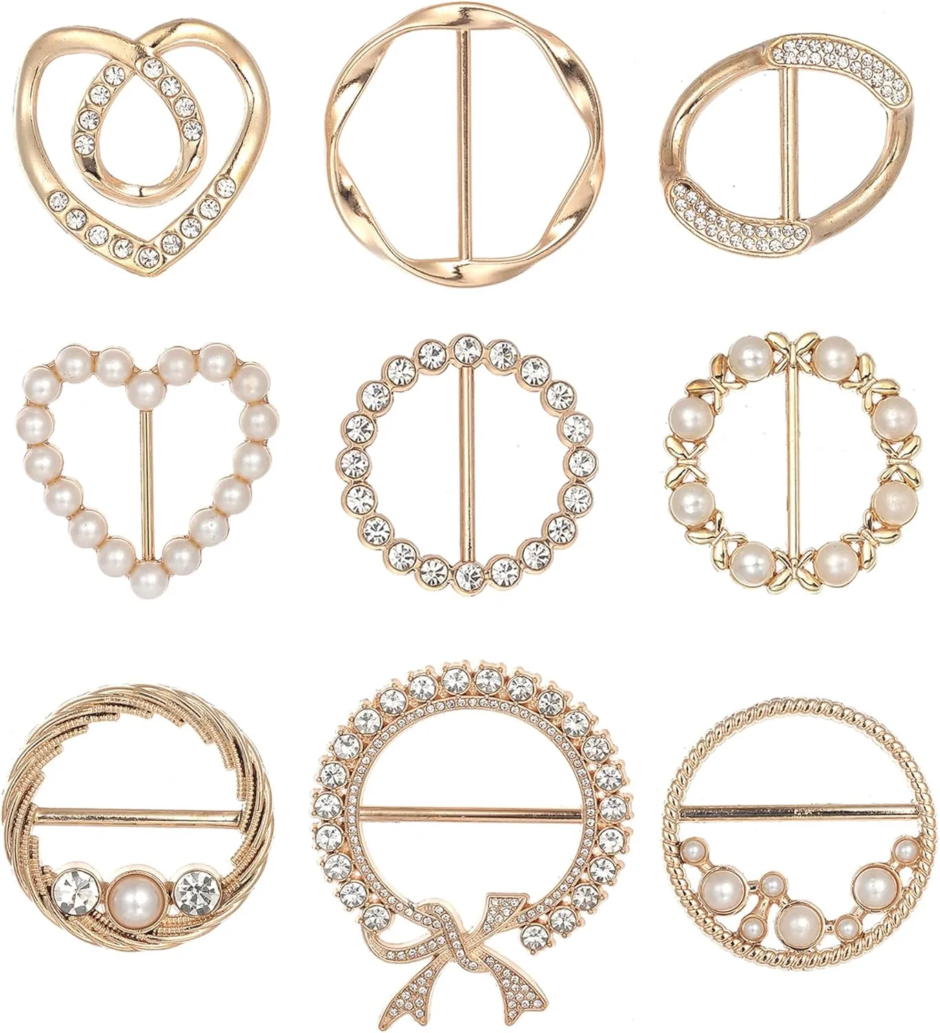 9Pcs Scarf Clips T-shirt Tie Ring Buckle Heart Circle Shaped CZ Pearl Bow Tie Rhinestone Twist Knotted Clothes Corner Button Waist Cincher Clasp for Women Men