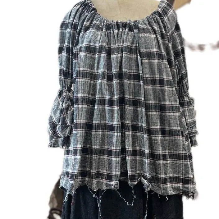 Amano japanese linen button back bluson - tartan check