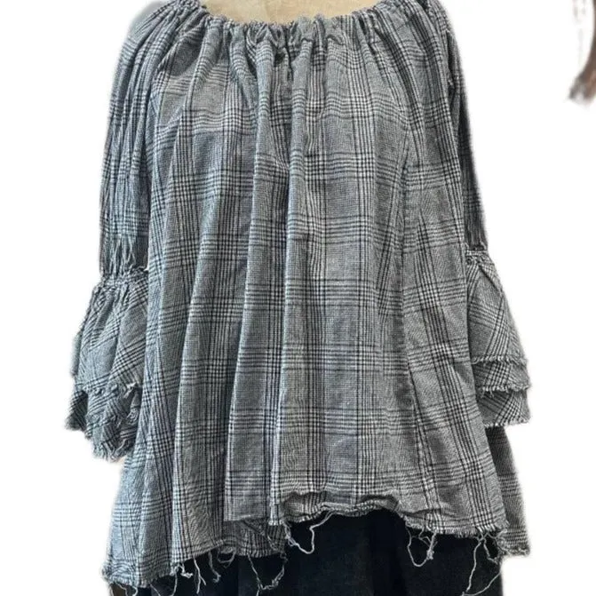 Amano japanese linen button back bluson - tartan check