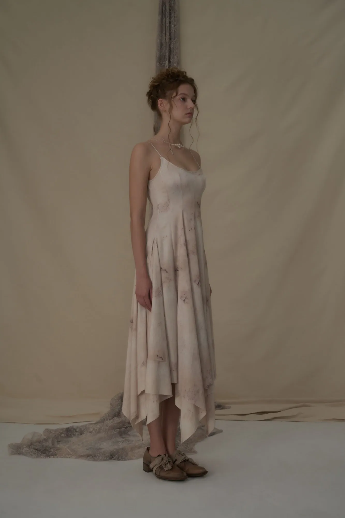 Beige Printed Split Camisole Dress