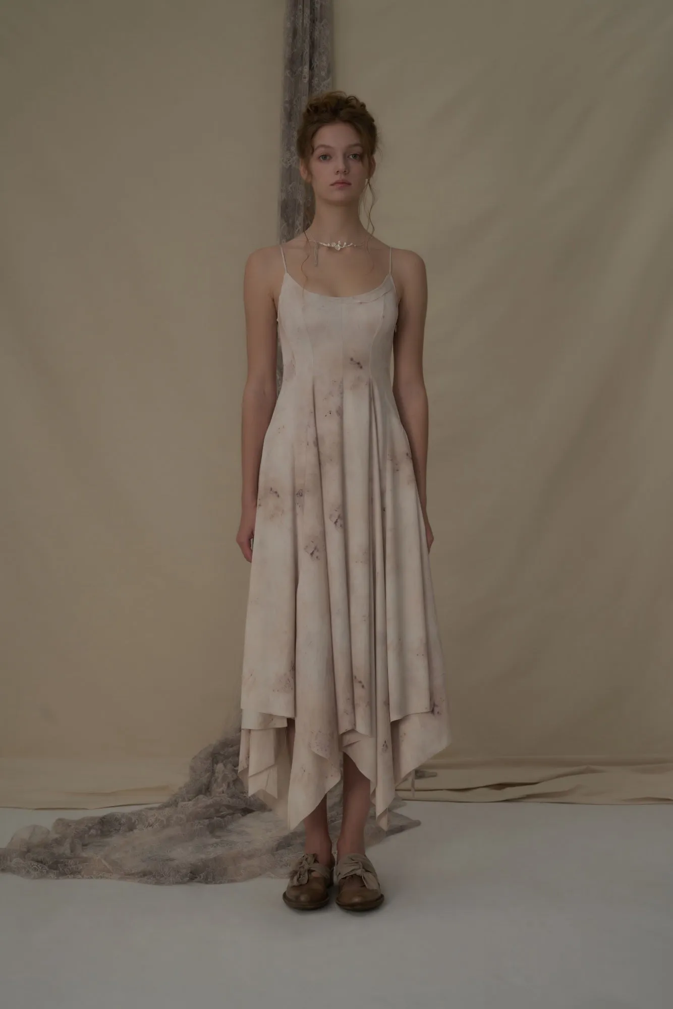 Beige Printed Split Camisole Dress
