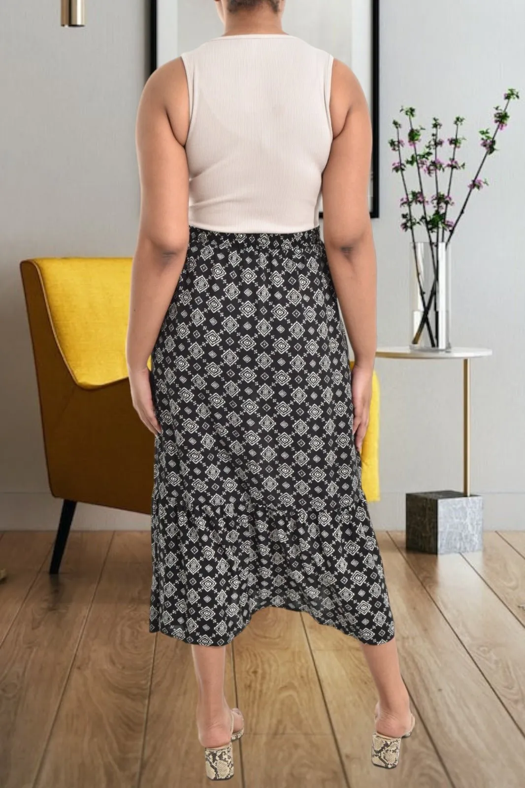 Black Button Printed Skirt