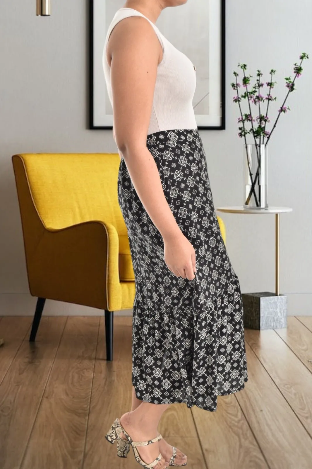Black Button Printed Skirt