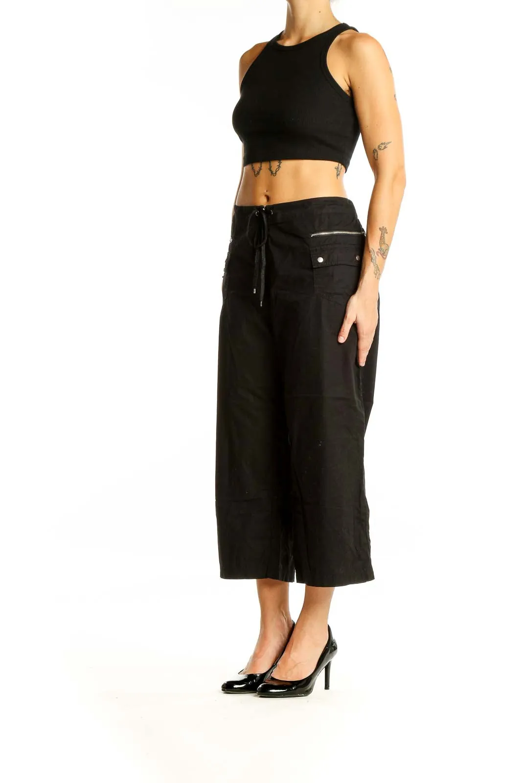 Black Cropped Wide-Leg Drawstring Pants