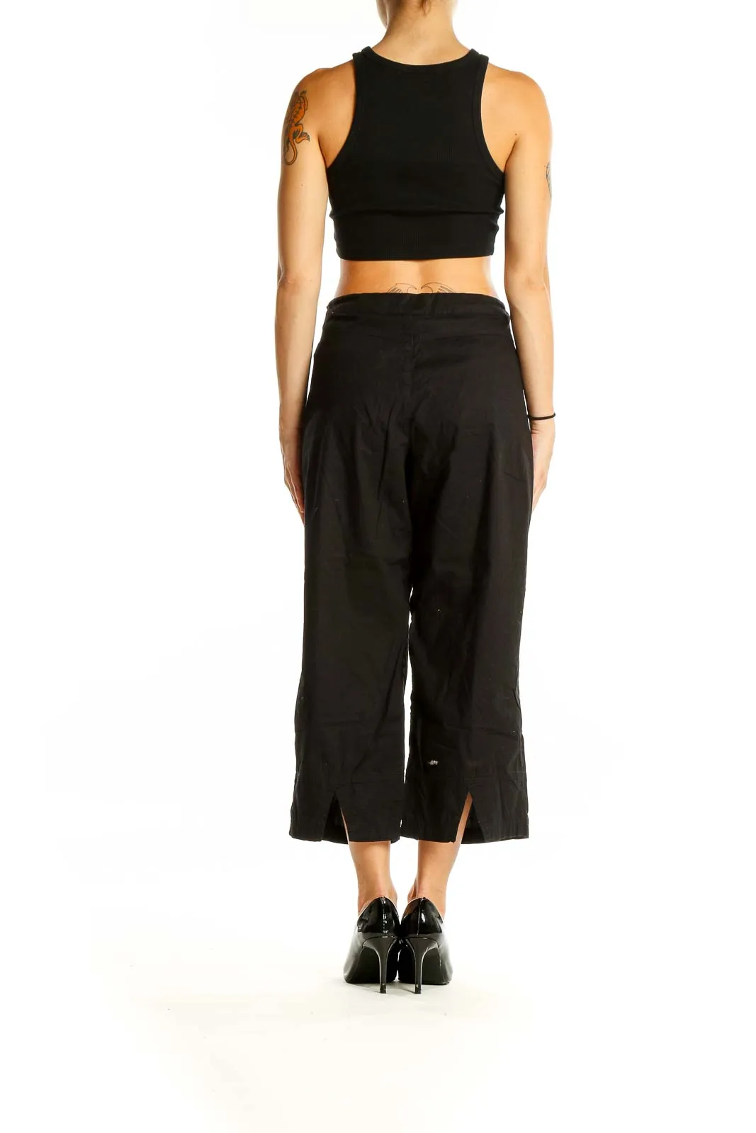 Black Cropped Wide-Leg Drawstring Pants