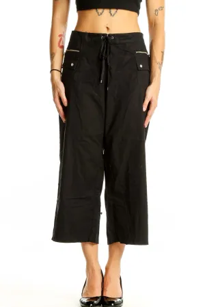 Black Cropped Wide-Leg Drawstring Pants