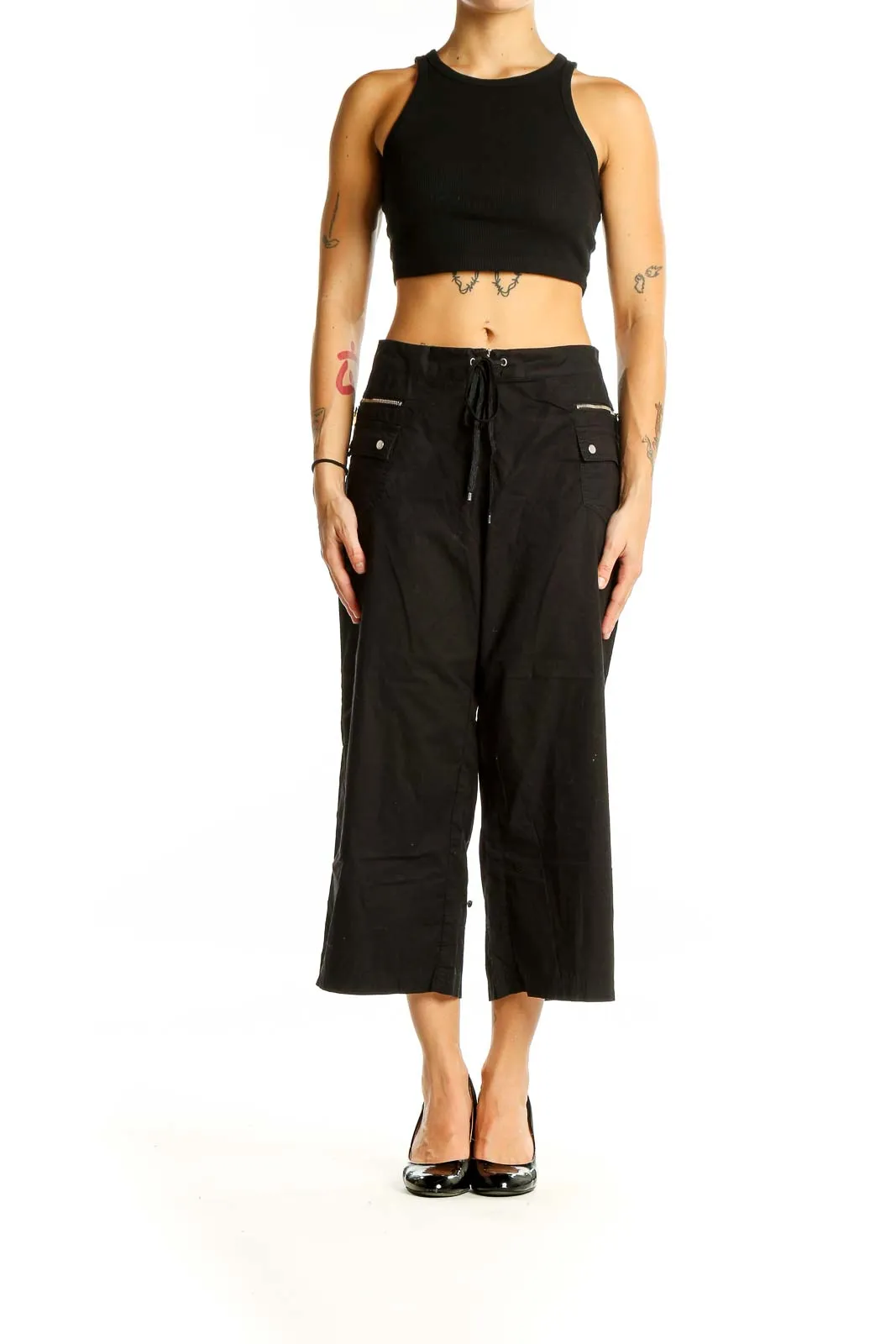 Black Cropped Wide-Leg Drawstring Pants