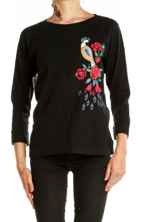 Black Embroidered Peacock Cotton Top