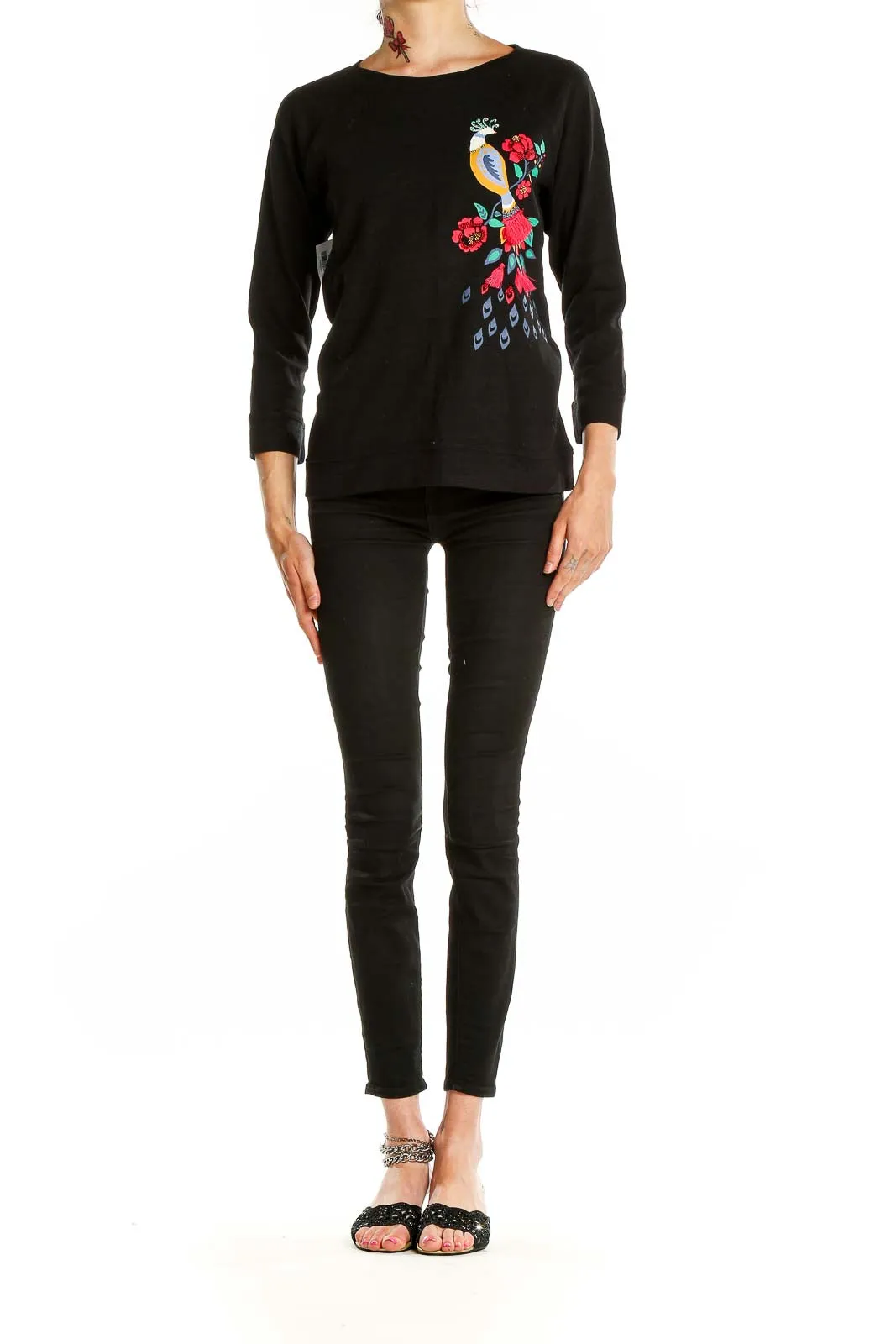 Black Embroidered Peacock Cotton Top