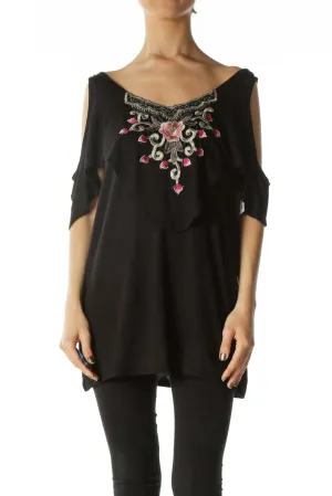 Black Floral-Embroidered Cold-Shoulder Top
