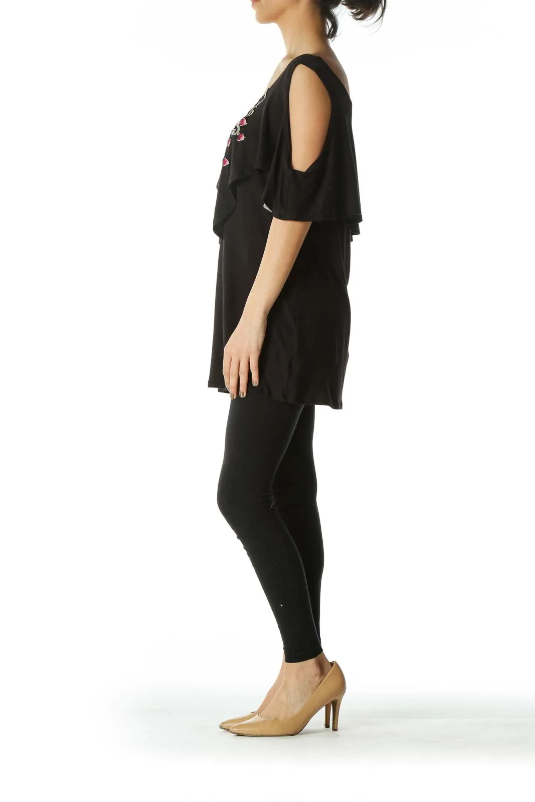 Black Floral-Embroidered Cold-Shoulder Top