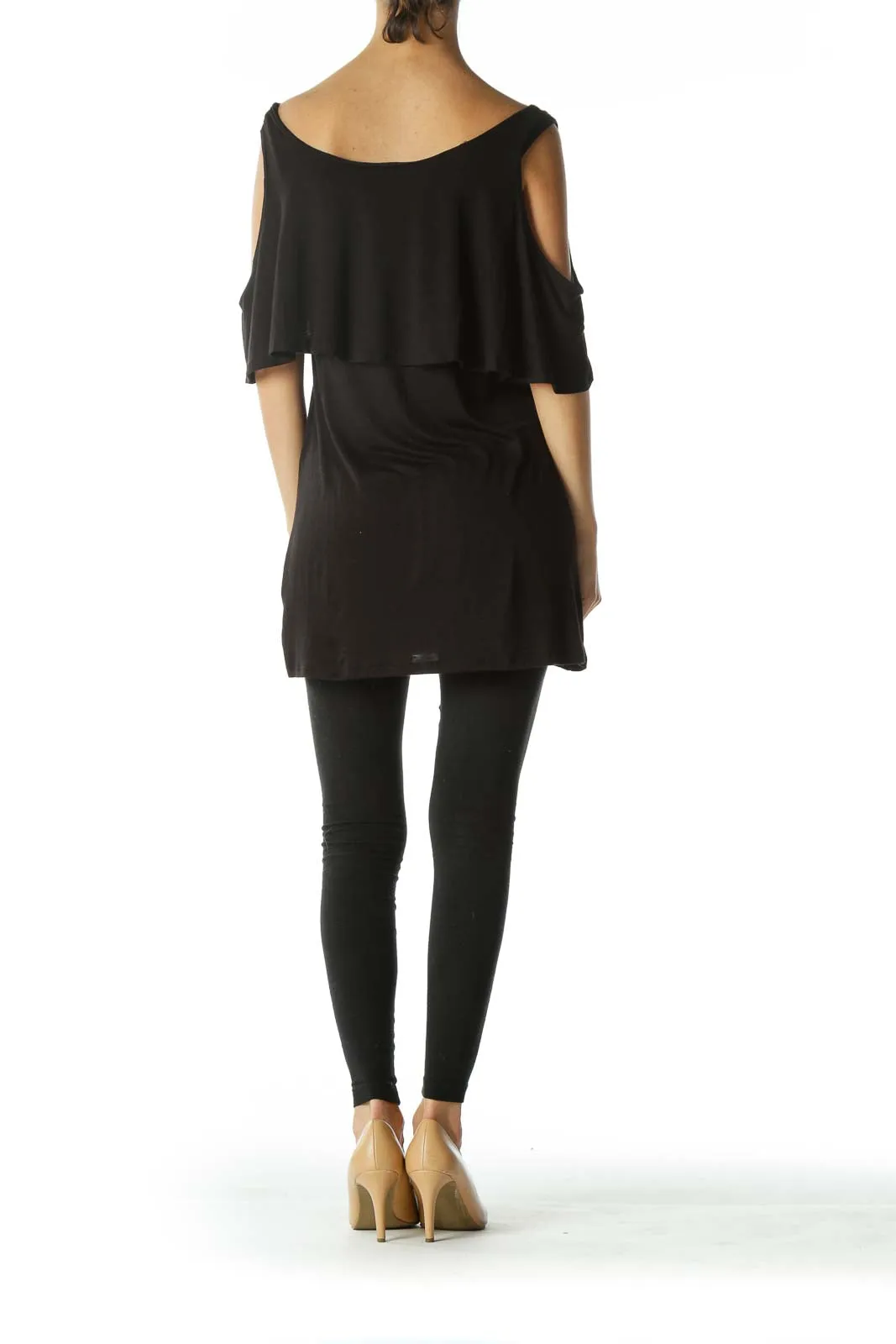 Black Floral-Embroidered Cold-Shoulder Top