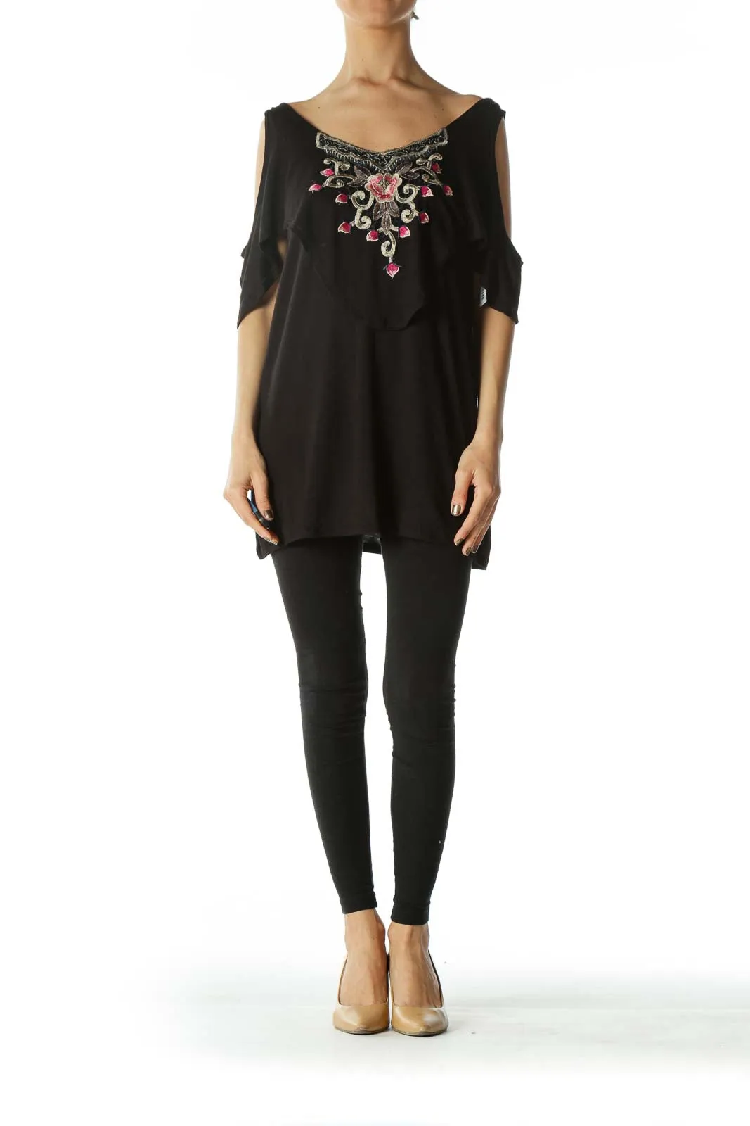 Black Floral-Embroidered Cold-Shoulder Top
