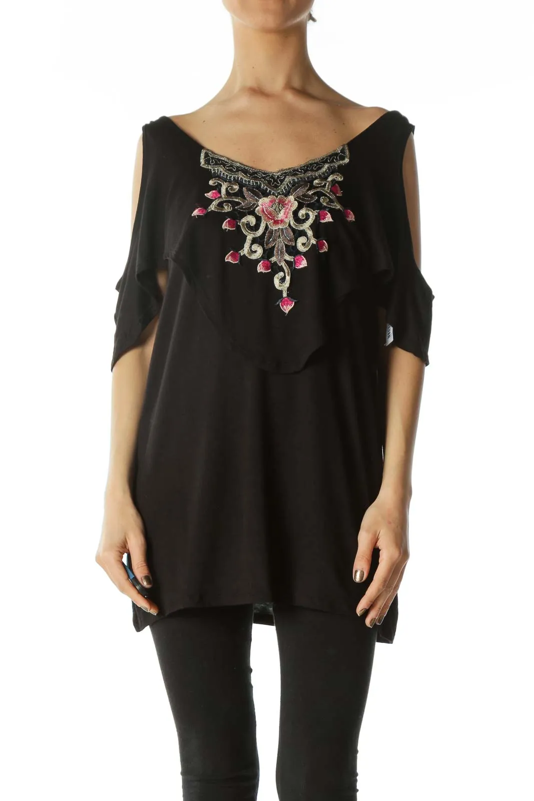 Black Floral-Embroidered Cold-Shoulder Top