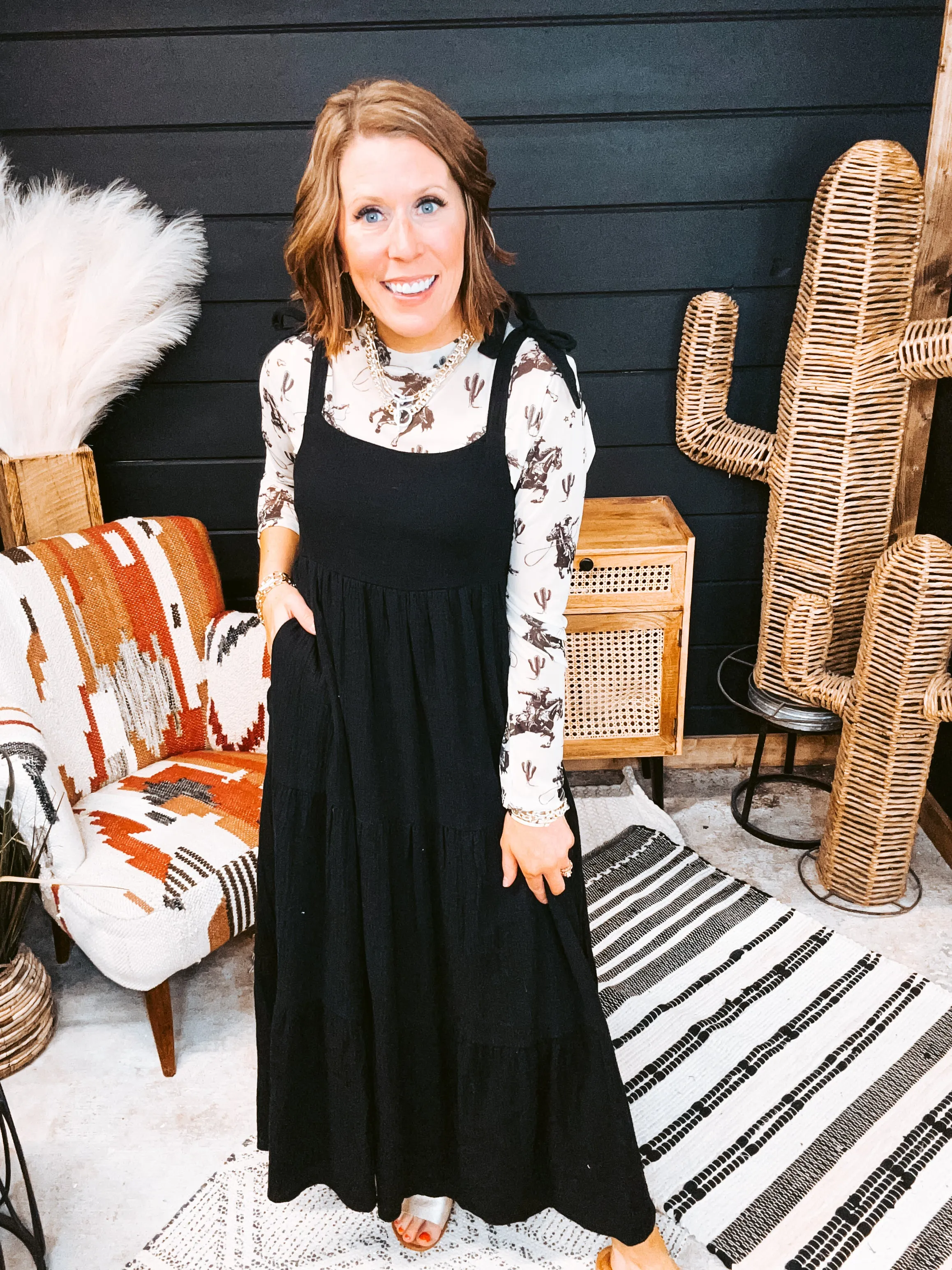 Black Square Neck Maxi Dress with Shoulder Tie