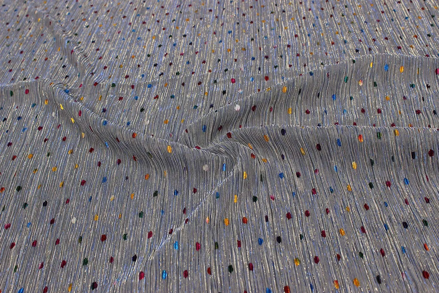 Blue Foil Printed Pleated Knit Fabric