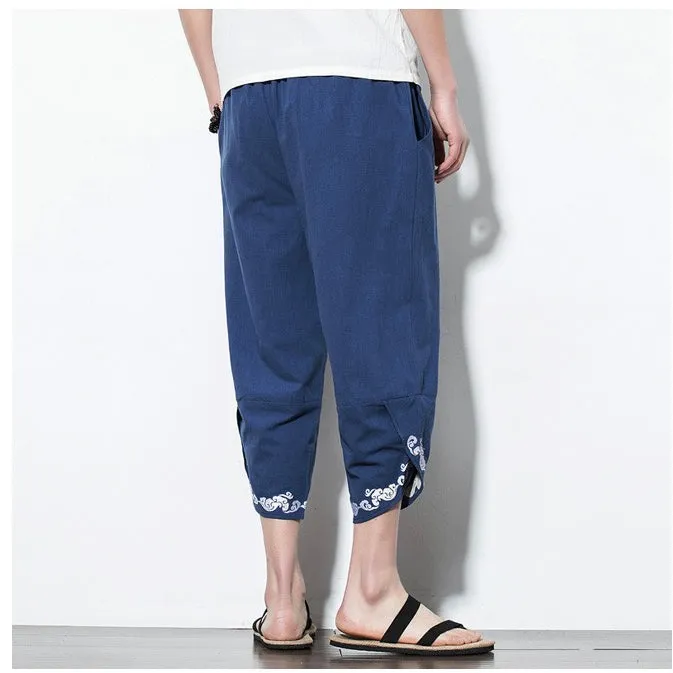 Blue Japanese Motif Drawstring Cropped Pants