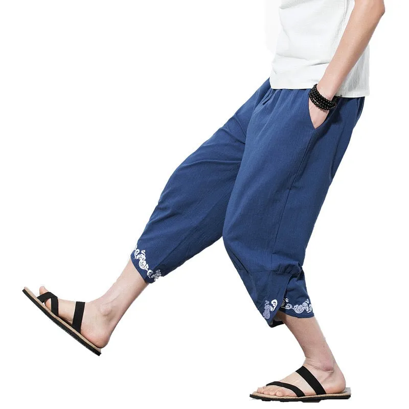 Blue Japanese Motif Drawstring Cropped Pants