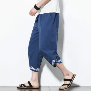 Blue Japanese Motif Drawstring Cropped Pants