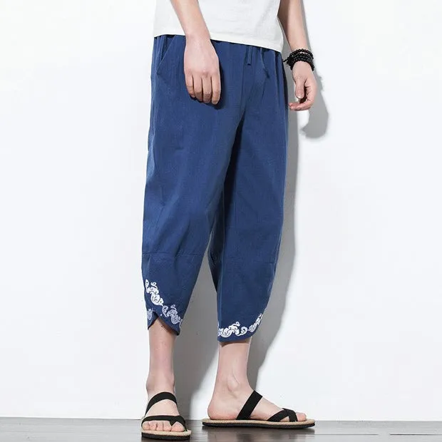 Blue Japanese Motif Drawstring Cropped Pants