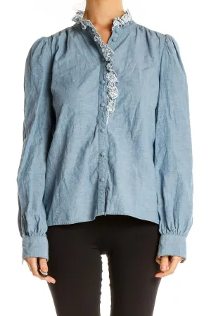 Blue Retro Top with Embroidered Trim