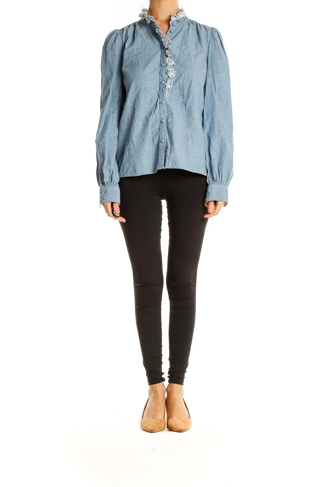 Blue Retro Top with Embroidered Trim