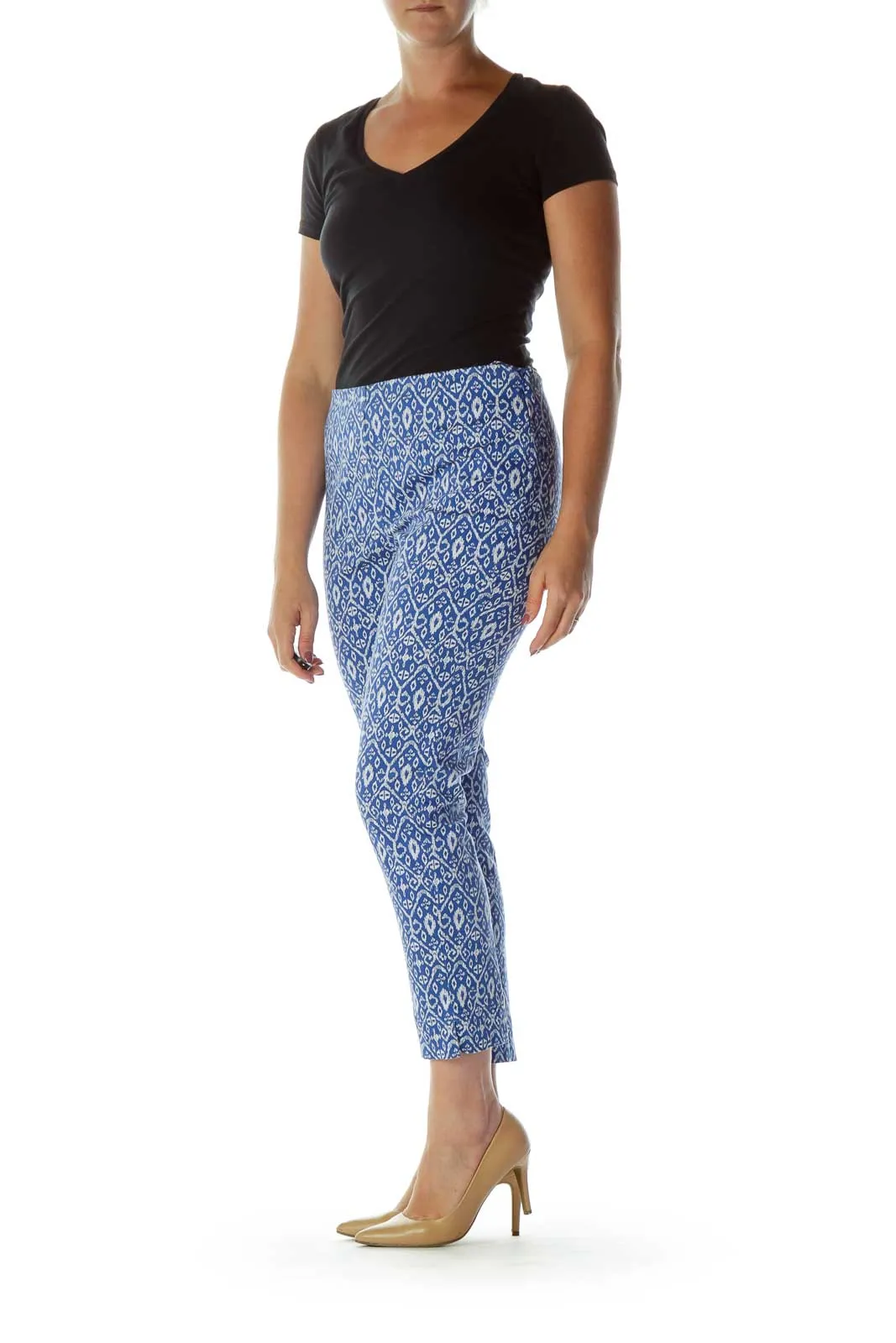 Blue White Print Cropped Pants