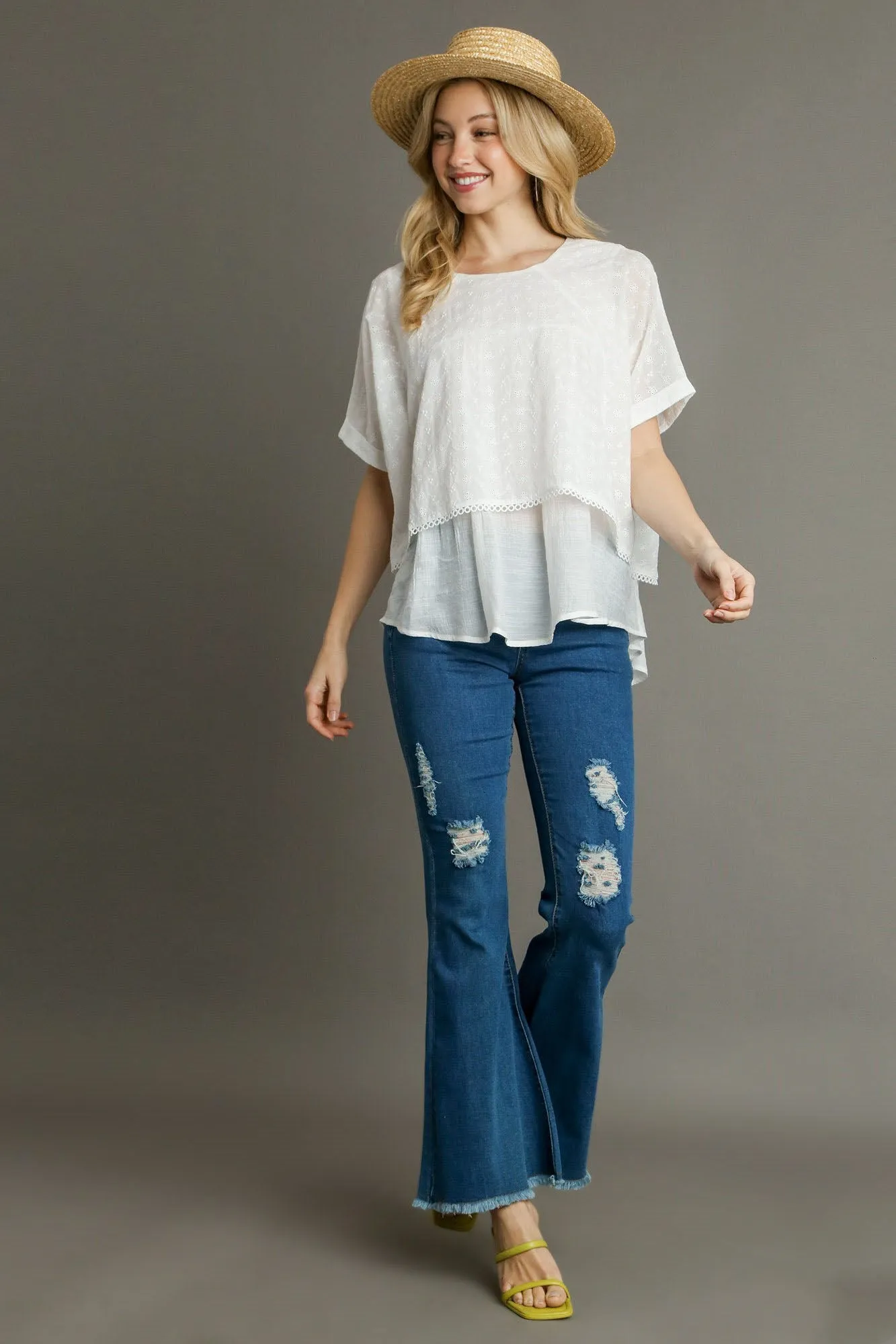 Breezy Beauty Eyelet Layered Short Sleeve Blouse in White
