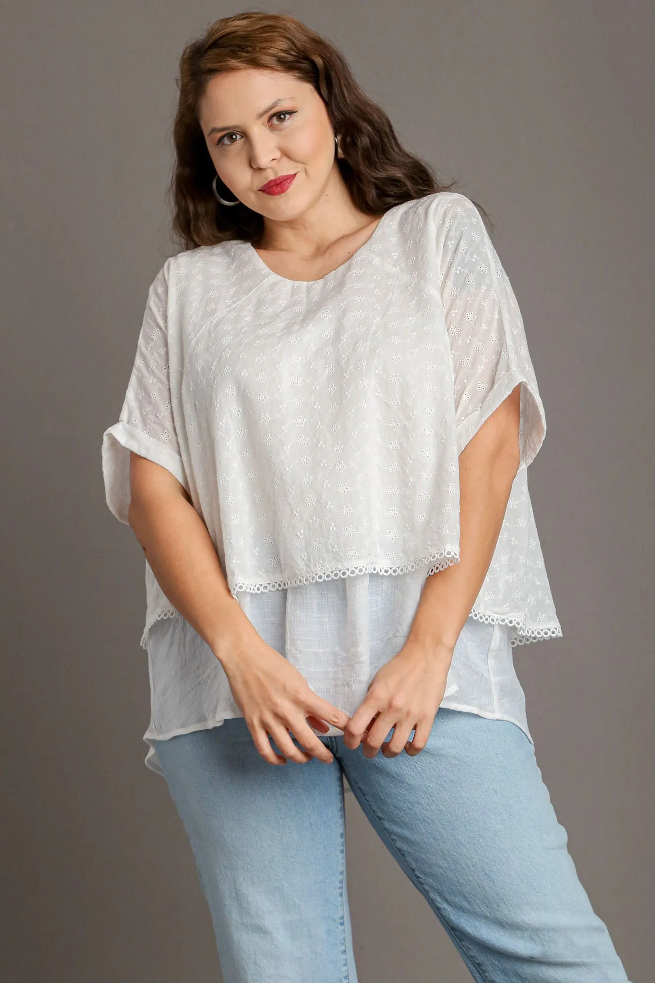 Breezy Beauty Eyelet Layered Short Sleeve Blouse in White
