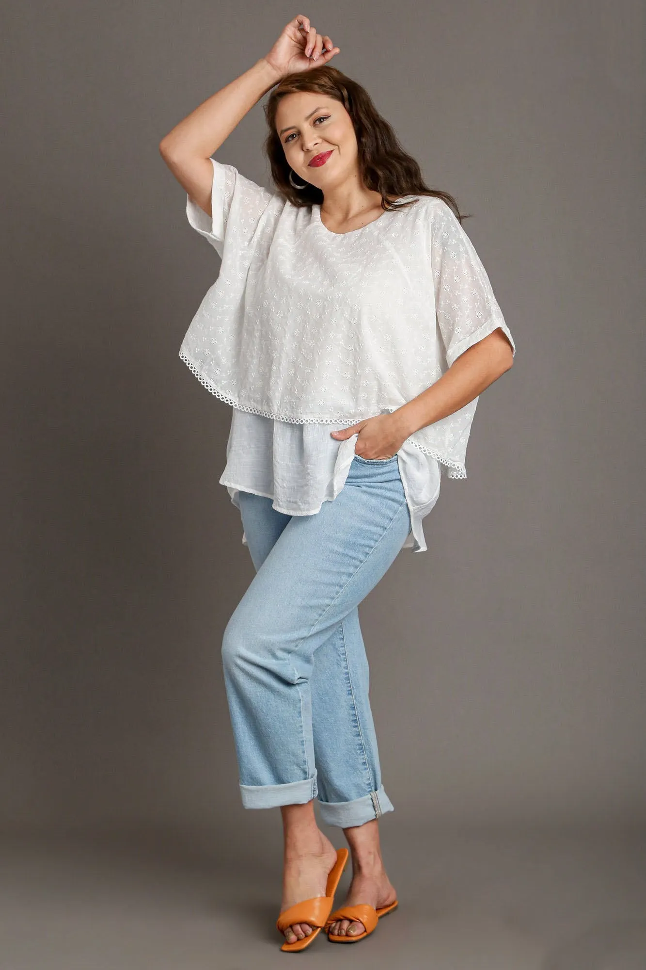 Breezy Beauty Eyelet Layered Short Sleeve Blouse in White