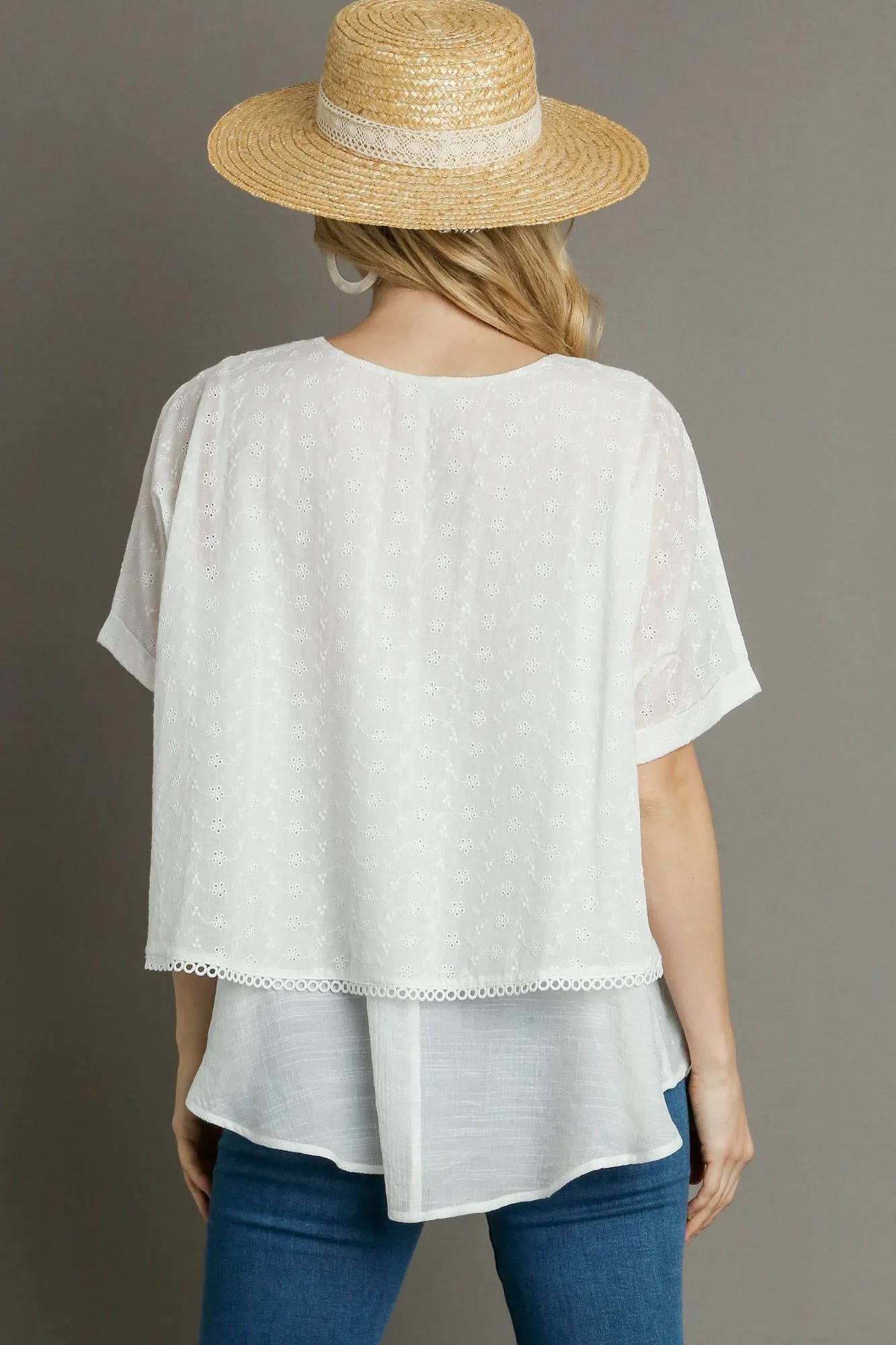 Breezy Beauty Eyelet Layered Short Sleeve Blouse in White