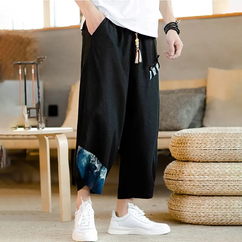Buddha Stones Patchwork Design Drawstring Cotton Men's Cropped Pants With Pockets