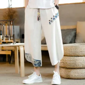 Buddha Stones Patchwork Design Drawstring Cotton Men's Cropped Pants With Pockets
