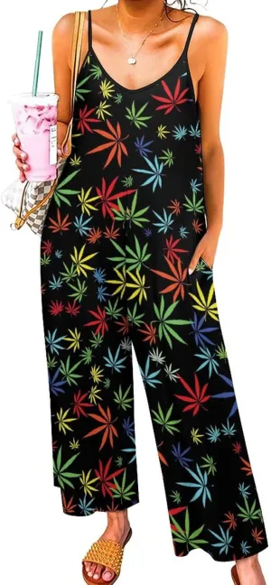 Cannabis Leaf Suspender Jumpsuit Womens Slings Vest Pants BIb Pants Loose Sleeveless Adjustable Strap Home Long Pant