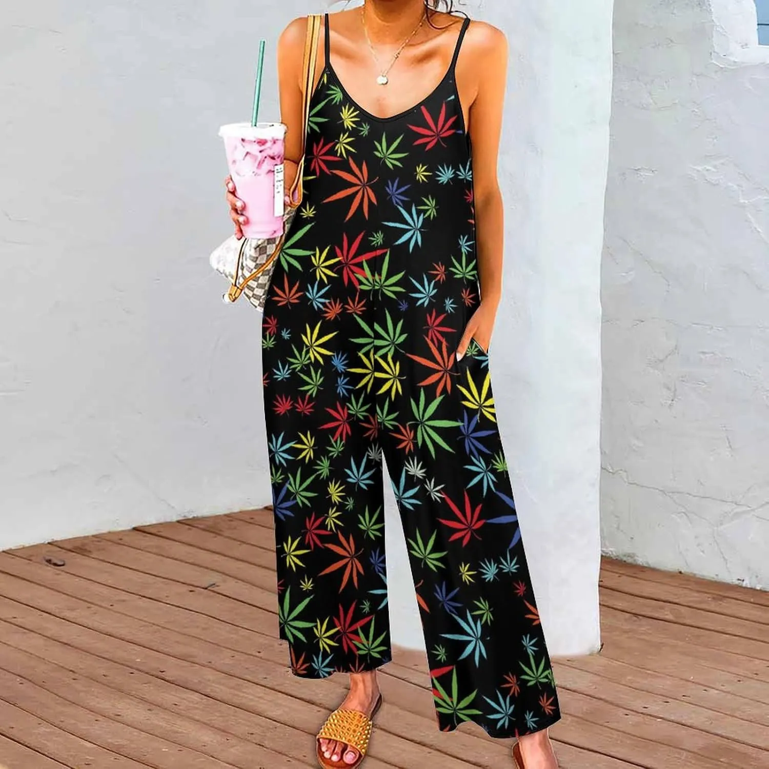 Cannabis Leaf Suspender Jumpsuit Womens Slings Vest Pants BIb Pants Loose Sleeveless Adjustable Strap Home Long Pant