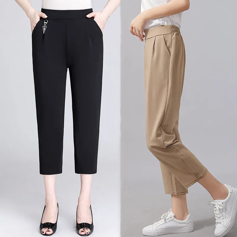 Casual Cropped Pants Women Gold Accessories Suits Mom Solid Colored Summer