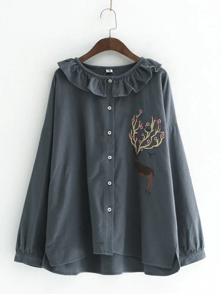 Casual Deer Embroidered Women Blouses