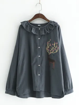 Casual Deer Embroidered Women Blouses
