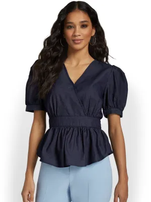 Chambray Puff-Sleeve Peplum Top
