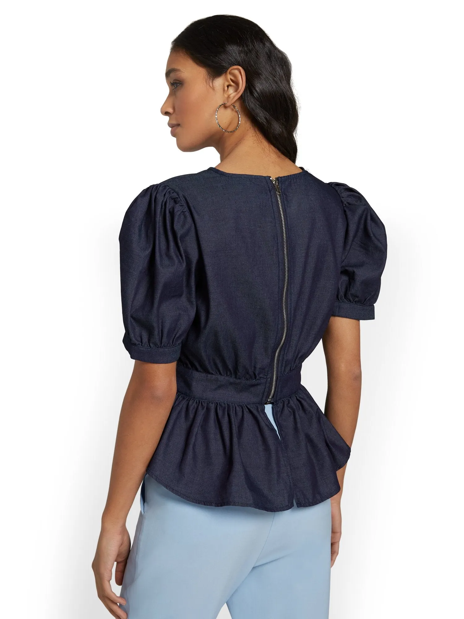 Chambray Puff-Sleeve Peplum Top