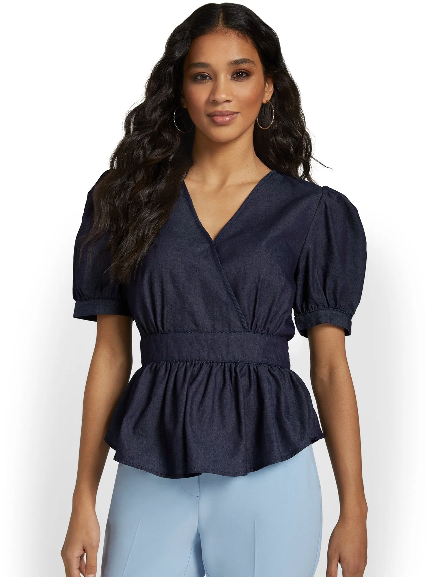 Chambray Puff-Sleeve Peplum Top