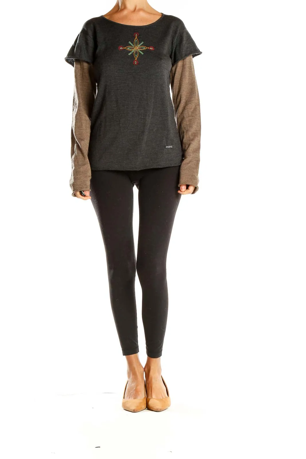 Charcoal Embroidered Layered Long Sleeve Top