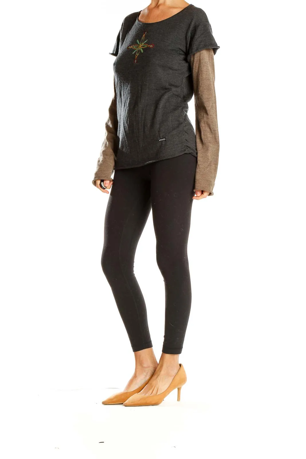 Charcoal Embroidered Layered Long Sleeve Top